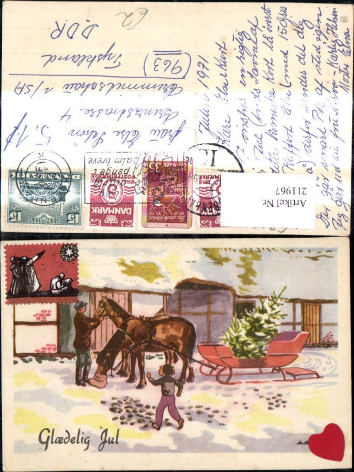 211967, Artist Ak Bub Man with horse-drawn sleigh Christmas tree heart