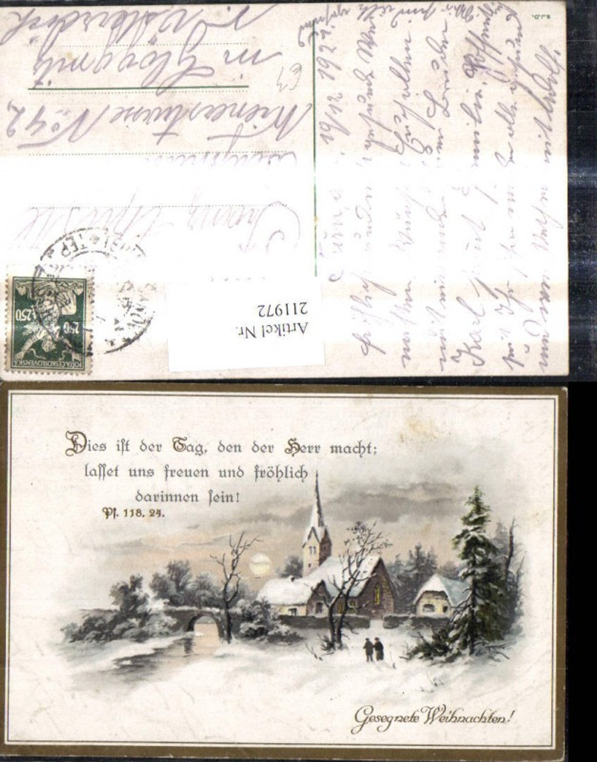 211972, Artist AK People Church Winter Landscape Bridge Saying Christmas