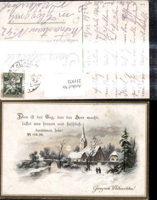 211972, Artist AK People Church Winter Landscape Bridge Saying Christmas