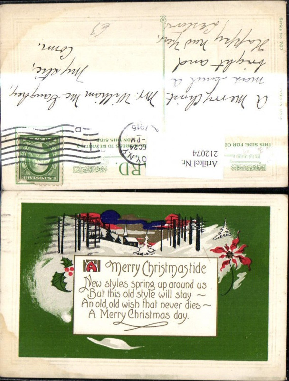 212074, embossed postcard, church, winter forest, saying, text, gold decoration