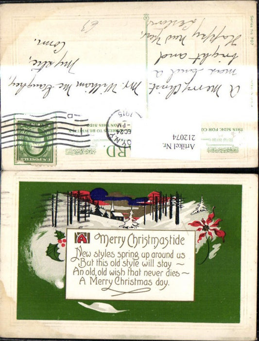 212074, embossed postcard, church, winter forest, saying, text, gold decoration