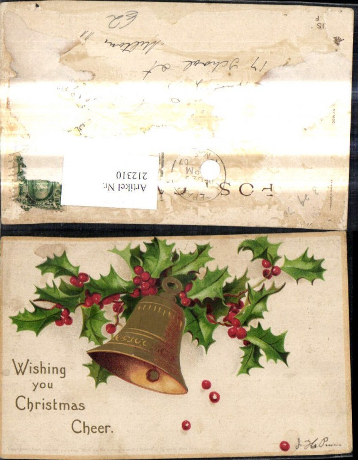 212310, embossed Christmas bell holly branches gold decoration