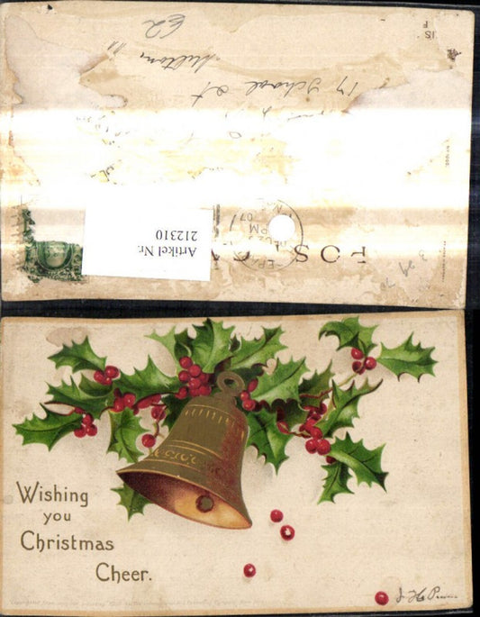 212310, embossed Christmas bell holly branches gold decoration