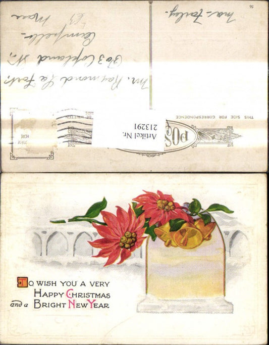213291, Embosser Lithograph Christmas Star Bell Flowers Window Saying Text