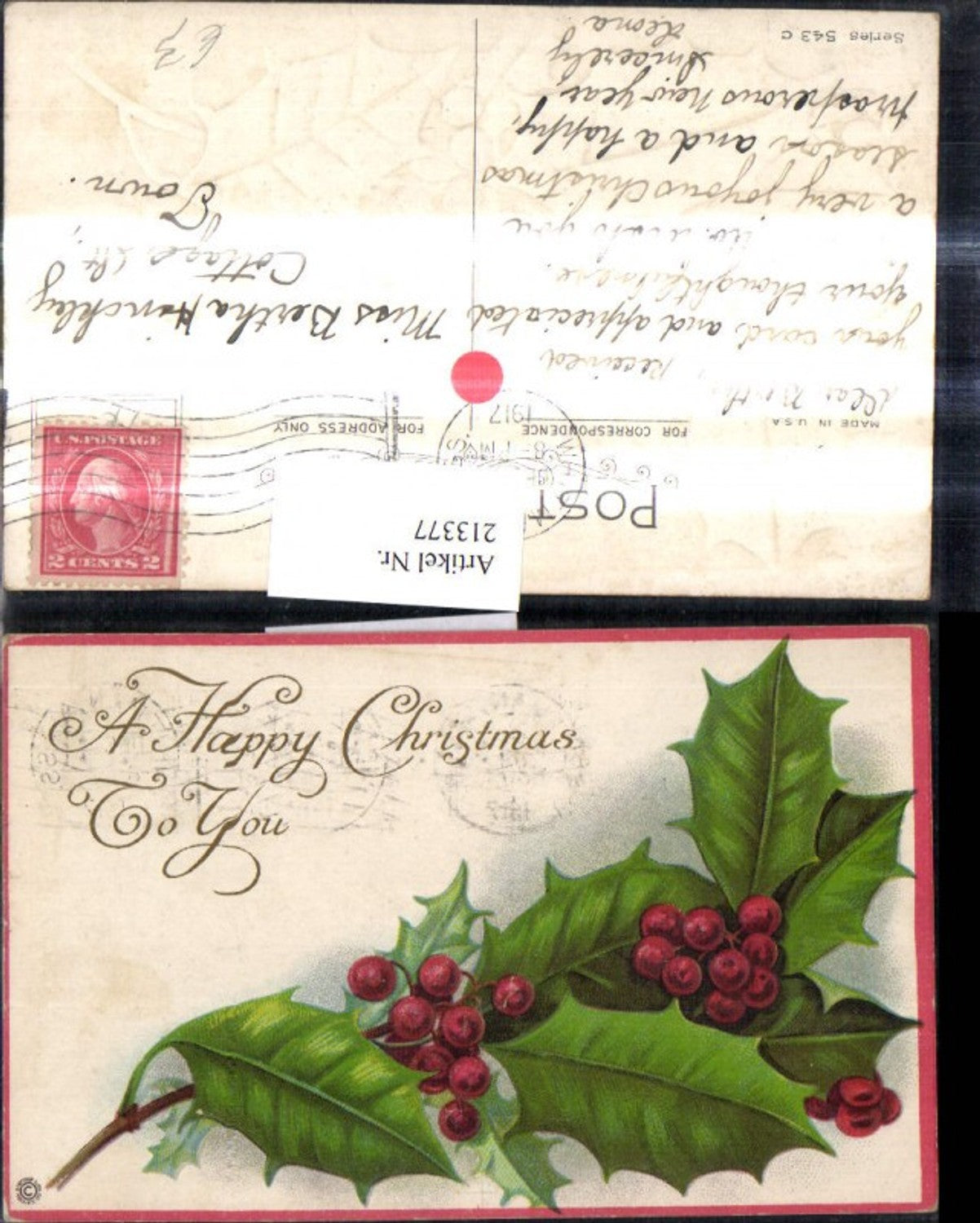 213377, embossed postcard Christmas holly branch