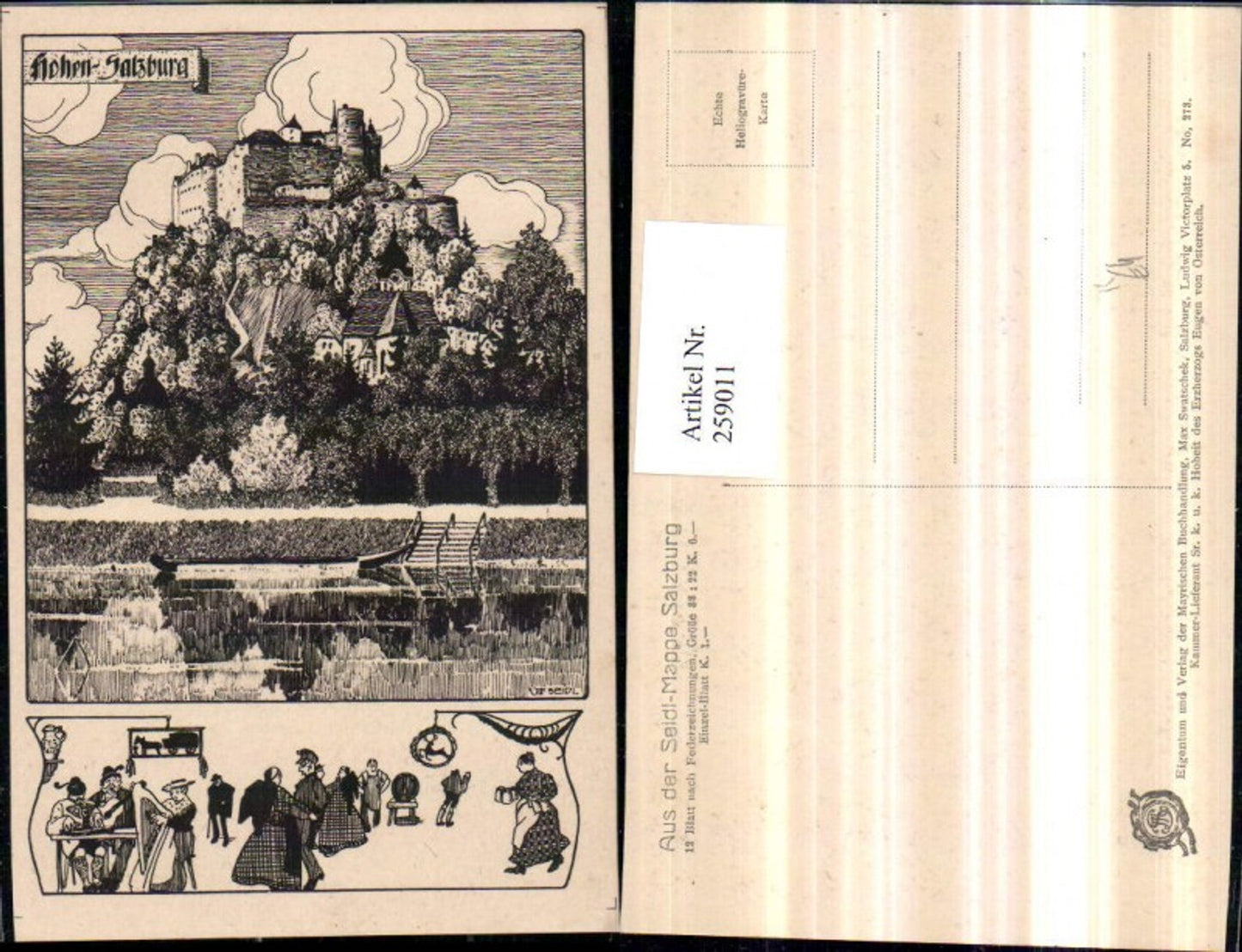 259011,Künstler AK Ulf Seidl Federzeichnung Salzburg Hohensalzburg Festung Personen Harfe Gitarre Zither