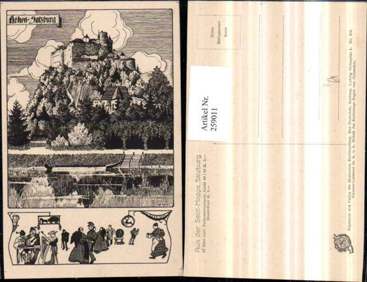 259011,Künstler AK Ulf Seidl Federzeichnung Salzburg Hohensalzburg Festung Personen Harfe Gitarre Zither