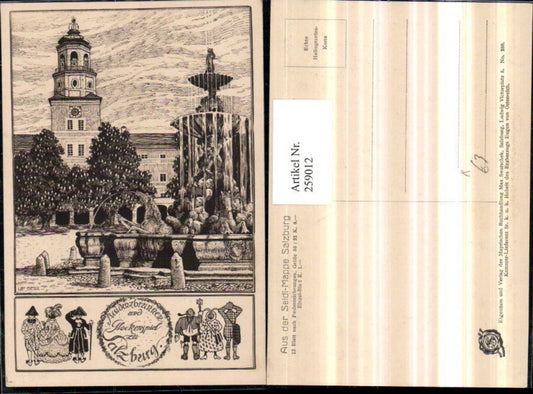 259012,Künstler AK Ulf Seidl Federzeichnung Salzburg Residenzbrunnen Brunnen Glockenspiel Turm
