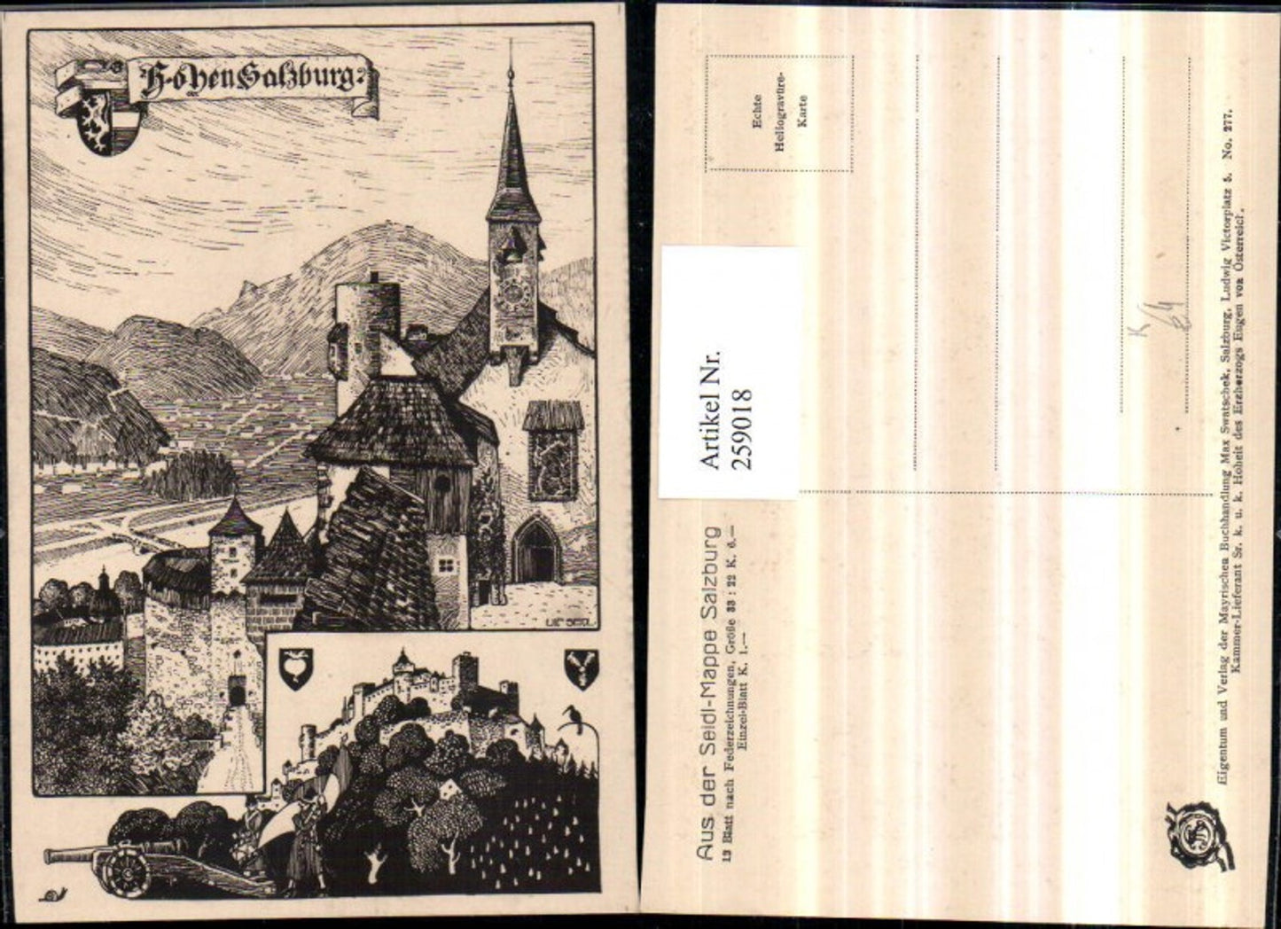 259018,Künstler AK Ulf Seidl Federzeichnung Salzburg Hohensalzburg Festung Kanone Mehrbildkarte