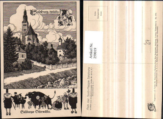 259019,Künstler AK Ulf Seidl Federzeichnung Salzburg Mülln Kirche Stierwäsche Stier Mehrbildkarte