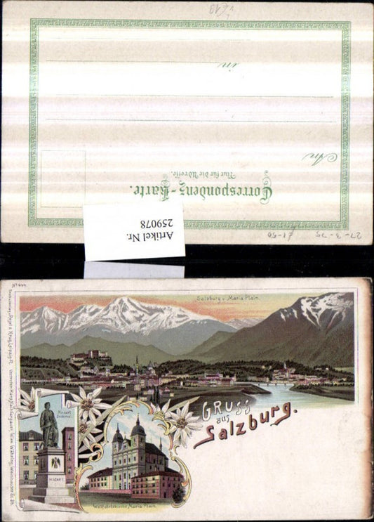 259078,Litho AK Gruß aus Salzburg Totale Mozart-Denkmal Kirche Maria Plain Mehrbildkarte pub Regel u. Krug 944