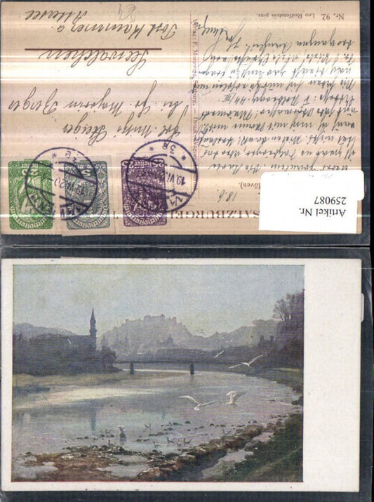 259087,Salzburg Künstler AK Leo Reiffenstein Teilansicht Kirche Brücke Festung Möwen