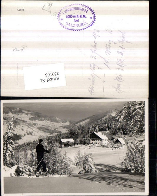 259166,Erentrudisalm Almhaus b. Elsbethen Bergkulisse Winterbild Skifahrer