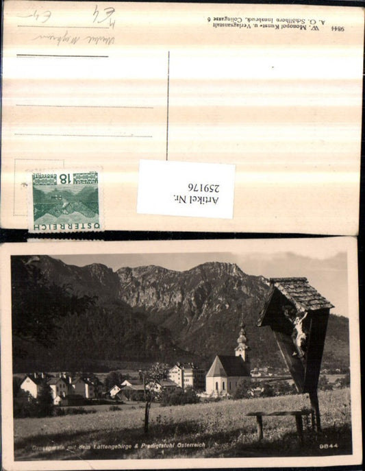 259176,Großgmain Teilansicht Kirche m. d. Lattengebirge u. Predigtstuhl Wegkreuz Marterl