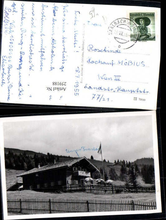 259188,Gasthaus Almhütte Sonnhof b. Saalbach Sonnenschirme Fahnenmast Fahne Holzzaun