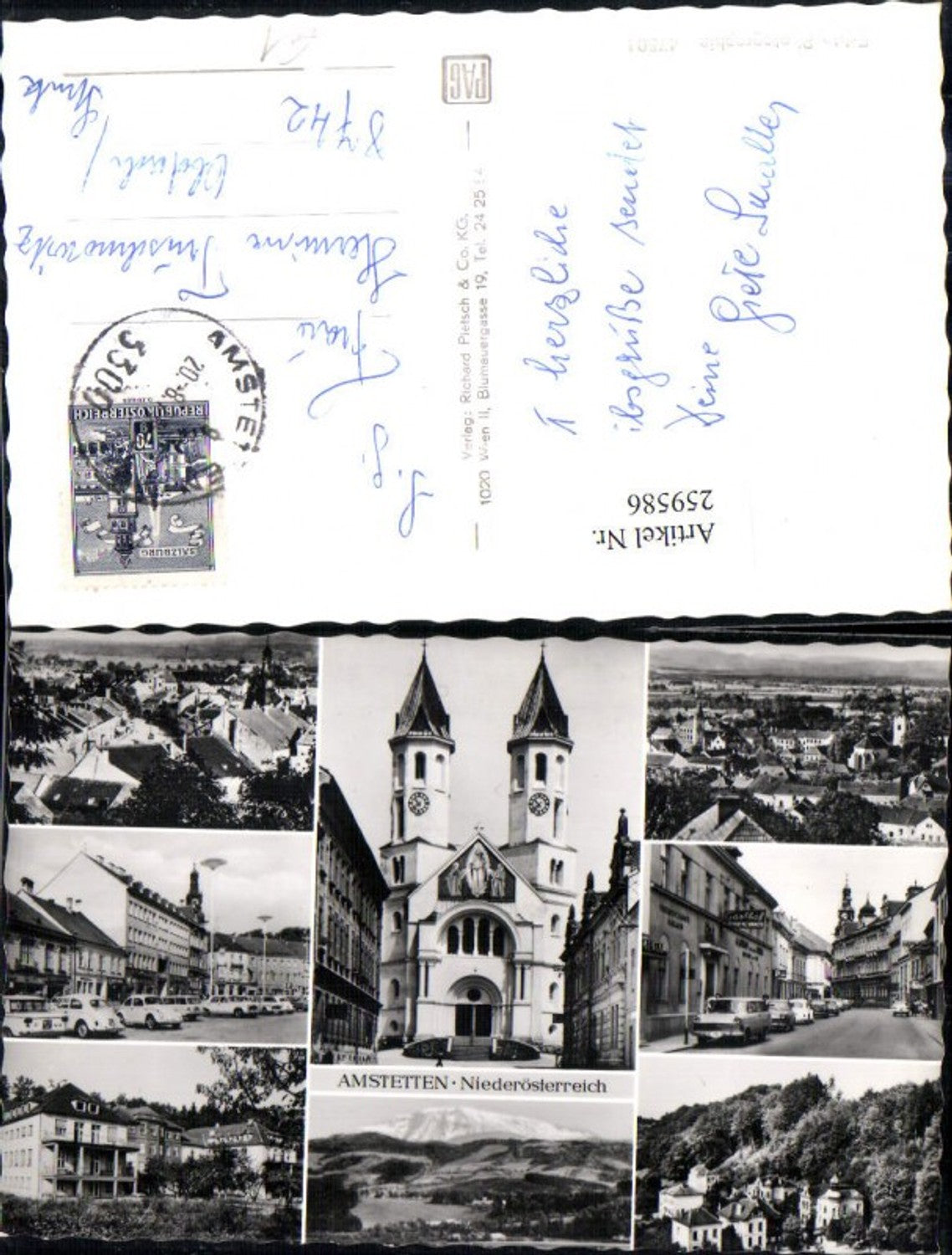 259586,Amstetten Totale Kirche Straßenansichten Hauptplatz Ötscher Gasthof Villen Mehrbildkarte