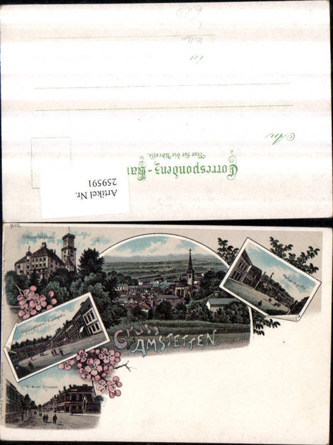 259591,Litho AK Gruß aus Amstetten Teilansicht Kirche Hauptplatz Straßenansicht Schloss Wallsee Mehrbildkarte