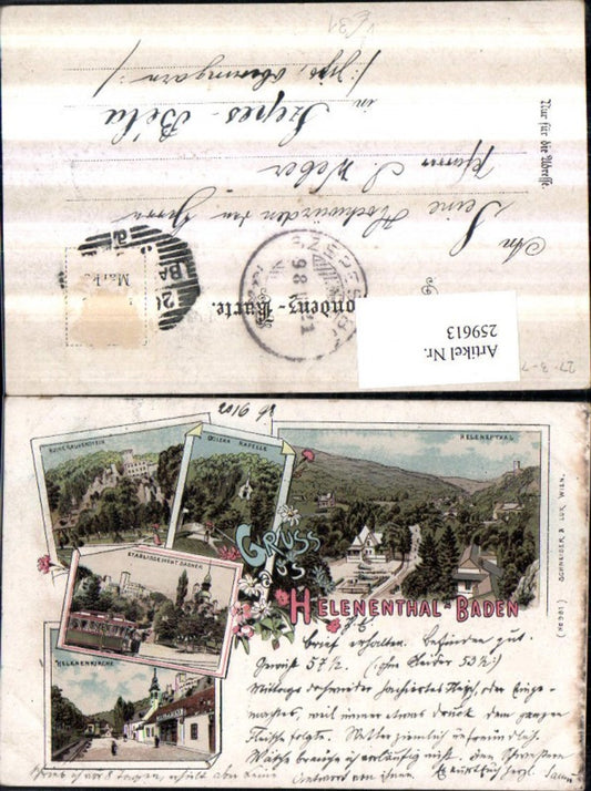 259613,Litho AK Gruß aus Helenental Baden Kirche Ruine Rauhenstein Kapelle Straßenbahn pub Schneider u. Lux 981
