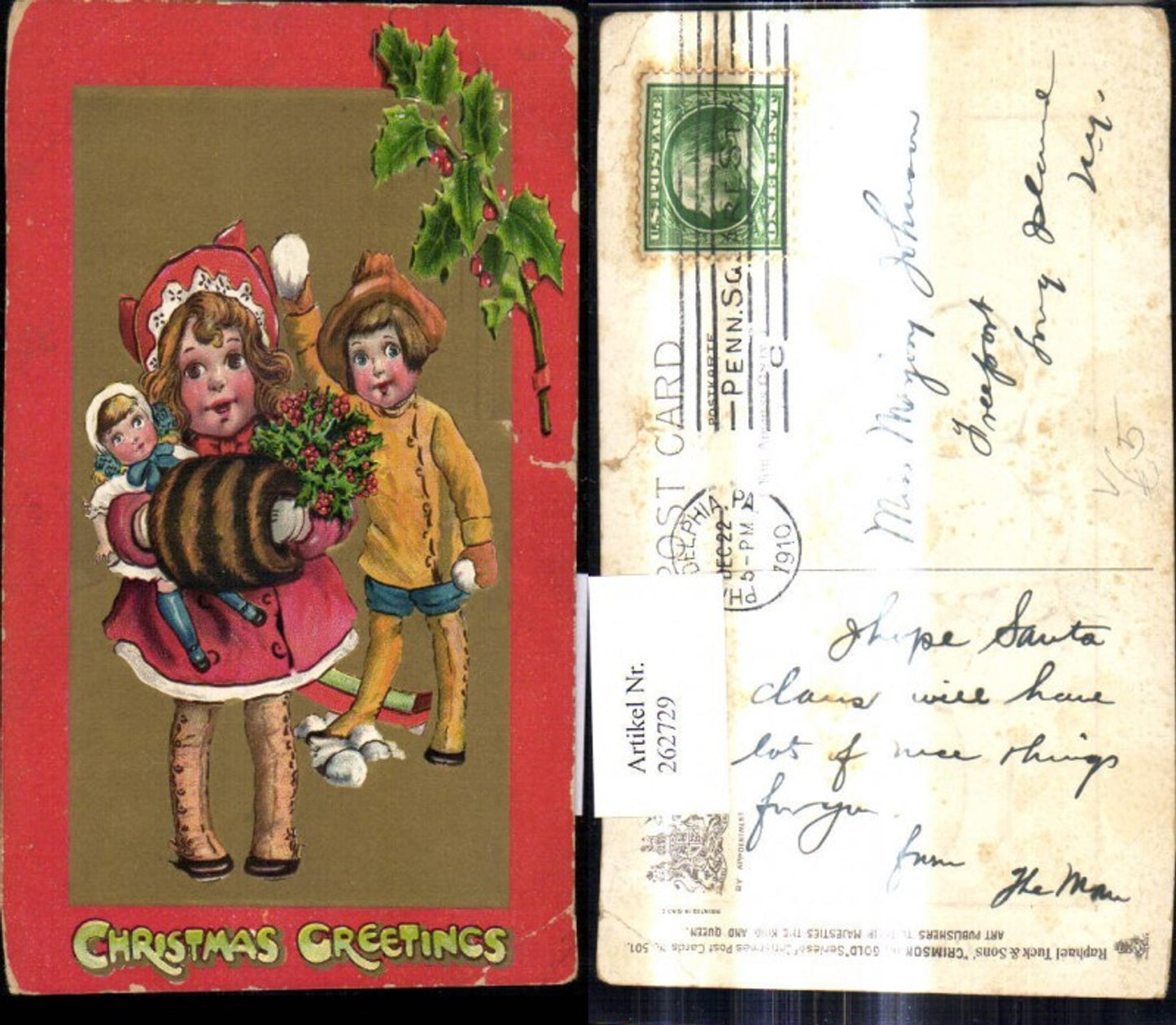 262729, Artist Ak Children with Toy Doll Muff Snowball Christmas pub Raphael Tuck and Sons 501
