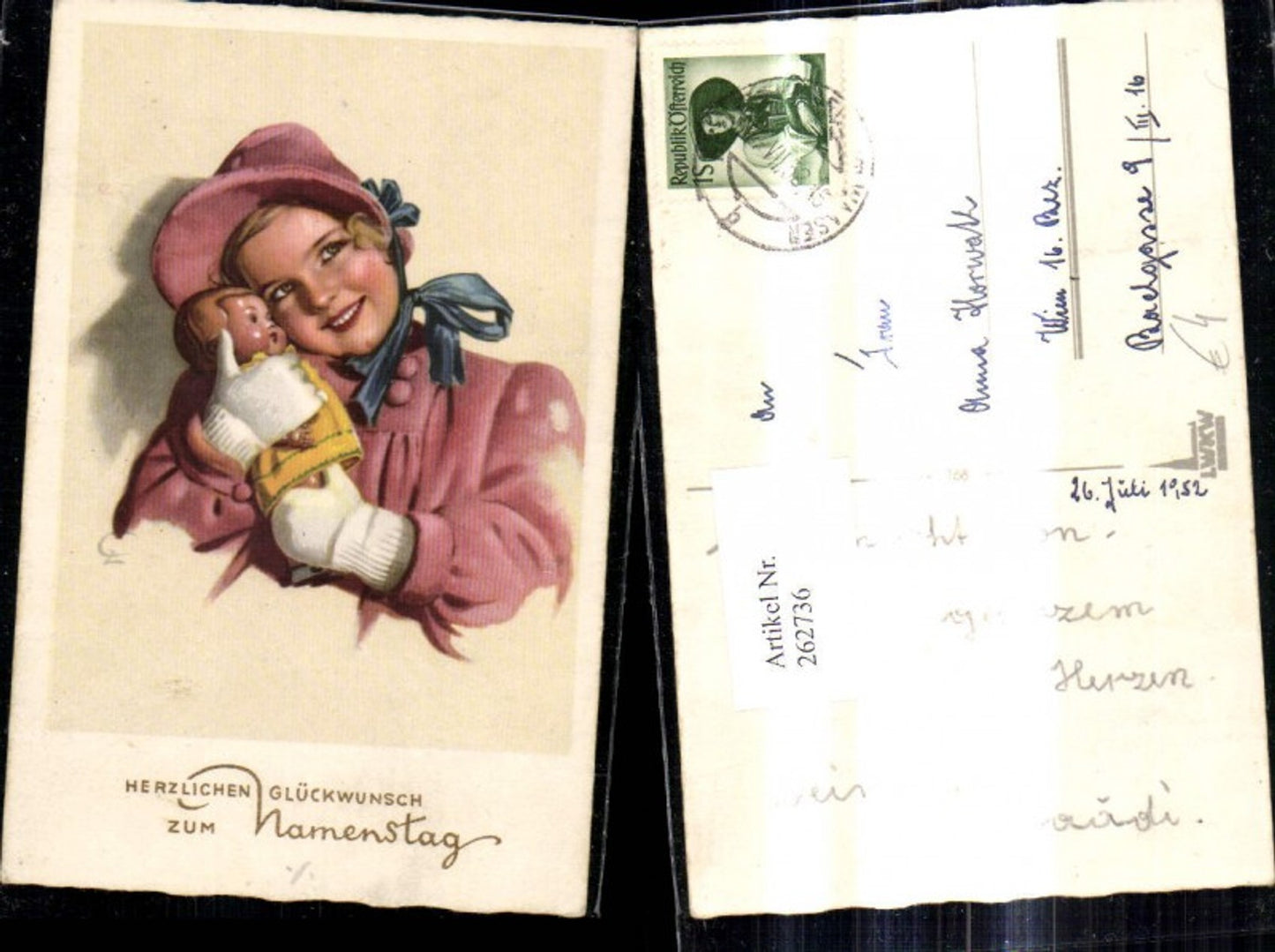 262736,Künstler Ak Mädchen Kind m. Spielzeug Puppe Namenstag