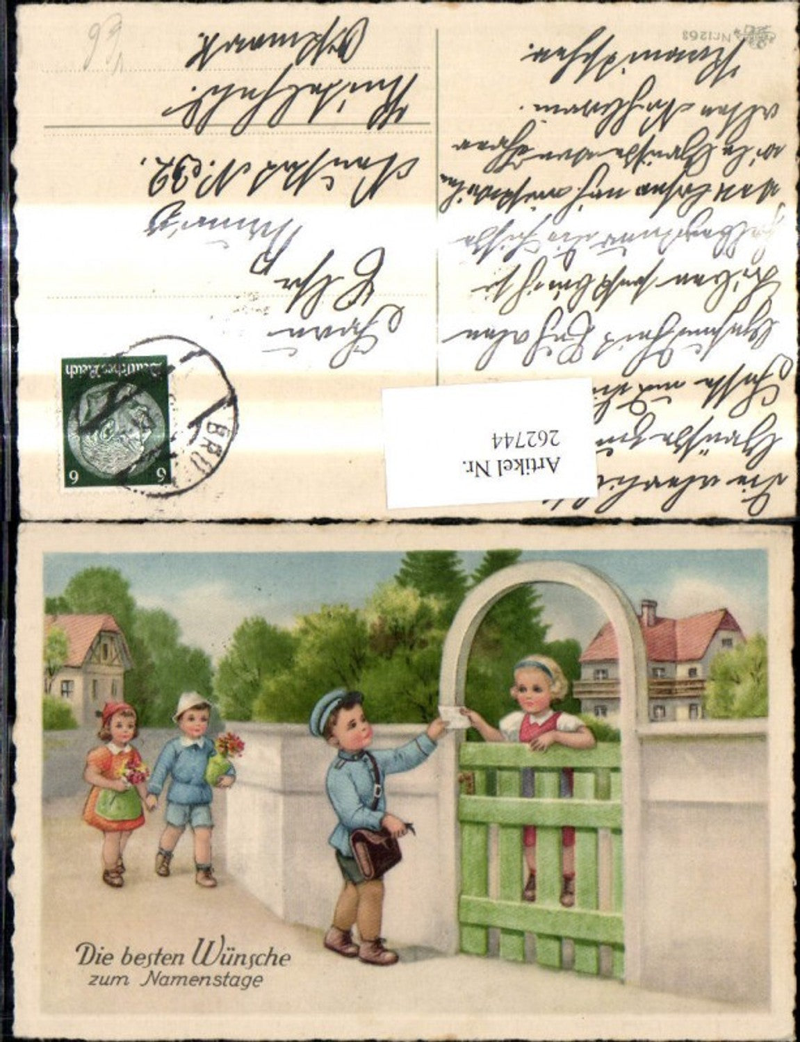 262744,Künstler Ak Kinder Blumenstrauß Postbote a. Zaun Brief Kuvert Namenstag pub Erika 1263