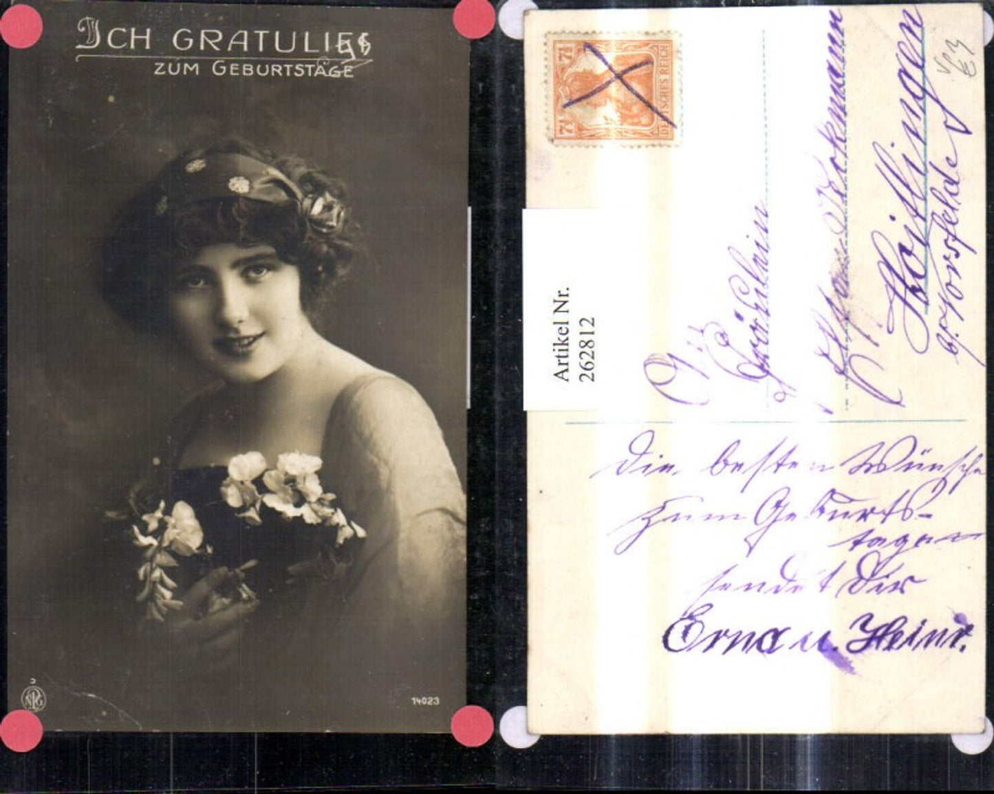 262812,Foto Ak Frau Haarband Geburtstag Blumen pub NPG 14023