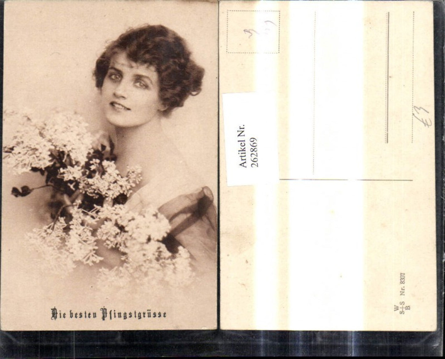 262869,Künstler Ak Frau m. Blumen Strauß Blumenstrauß Pfingstgrüsse