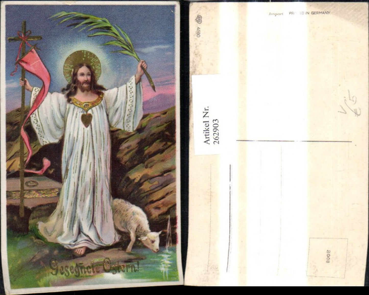 262903,Präge Ak Religion Jesus Kreuz Palmblatt Lamm Schaf Ostern Goldverzierung Herzjesu pub EAS 4580