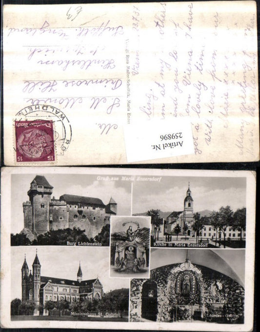 259896,Gruß aus Maria Enzersdorf Kirche Lourdes-Grotte Missionshaus St. Gabriel Burg Liechtenstein Mehrbildkarte