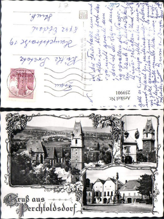 259901,Gruß aus Perchtoldsdorf Stadtturm Turm Kirche Mariensäule Rathaus Mehrbildkarte