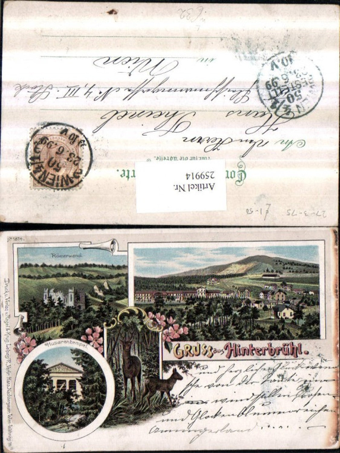 259914,Litho AK Gruß aus Hinterbrühl Totale Römerwand Husarentempel Wild Mehrbildkarte