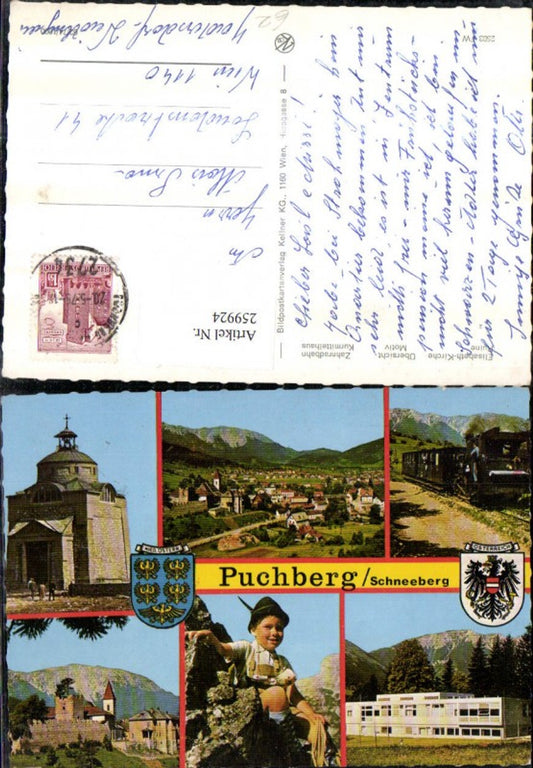 259924,Puchberg am Schneeberg Totale Zahnradbahn Ruine Elisabeth-Kirche Kurmittelhaus Junge Bub in Tracht Mehrbildkarte