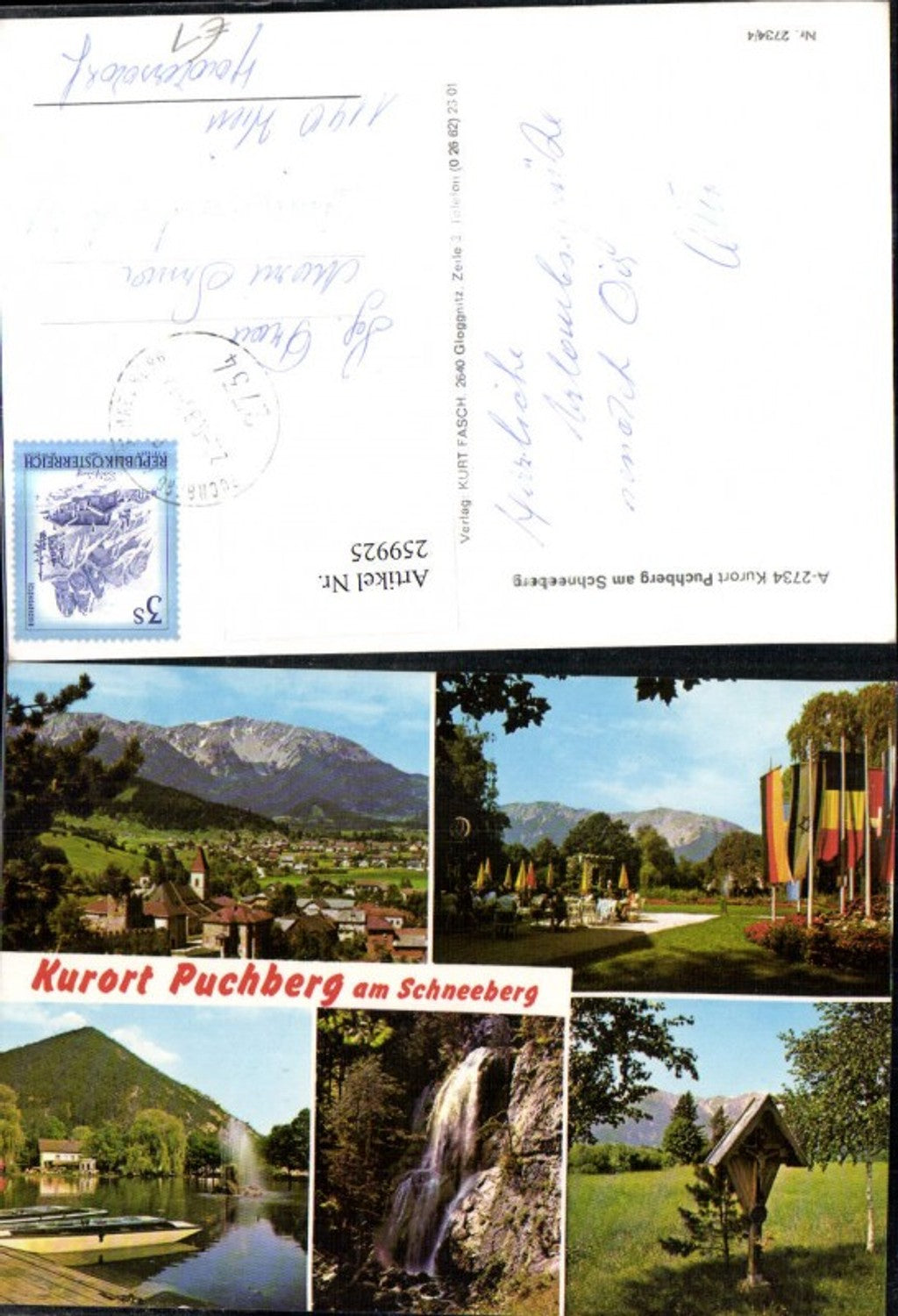 259925,Puchberg am Schneeberg Totale Wasserfall Wegkreuz Marterl Fahnenmaste Mehrbildkarte