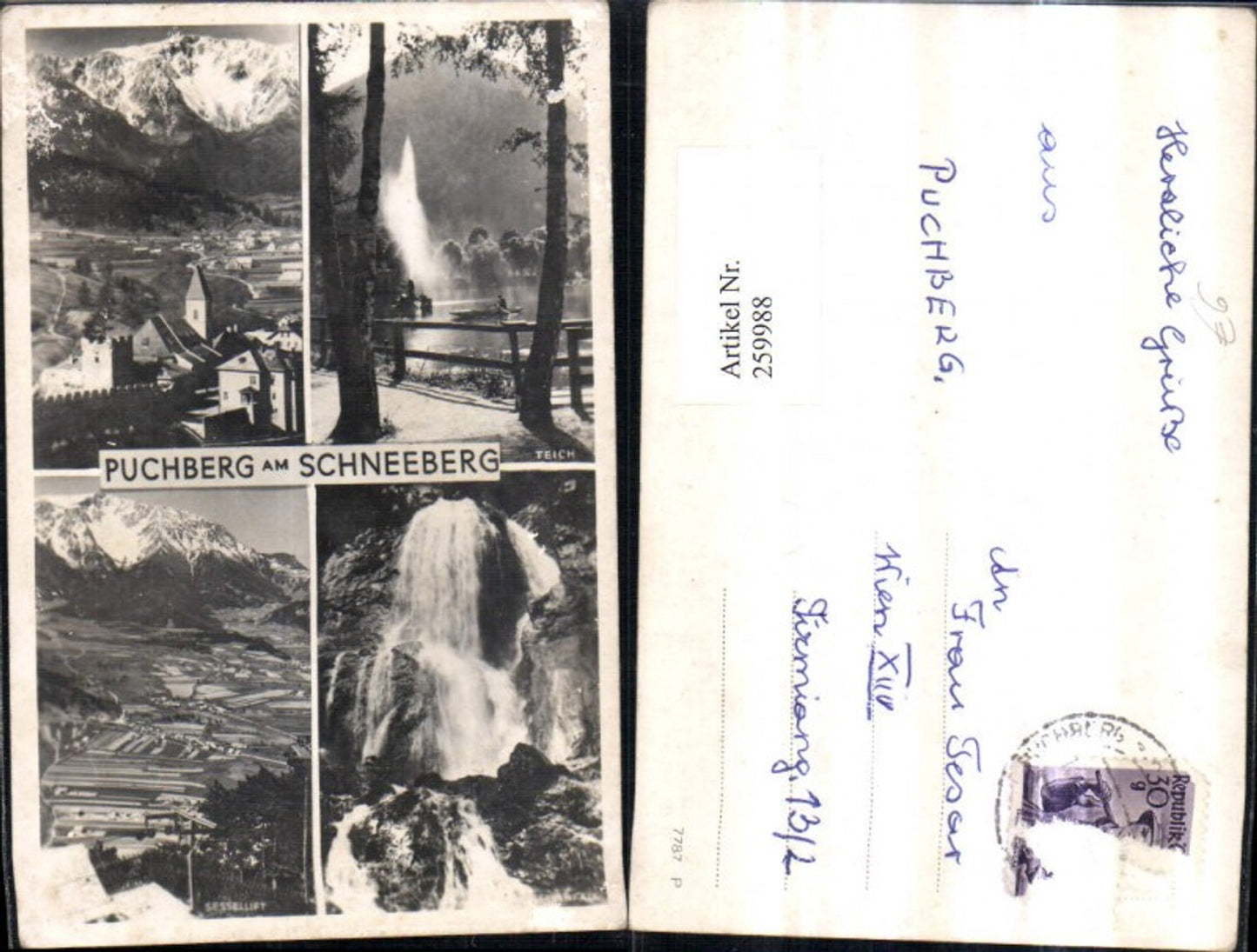 259988,Puchberg am Schneeberg Totale Burg Wasserfall Fontäne Bergkulisse Mehrbildkarte