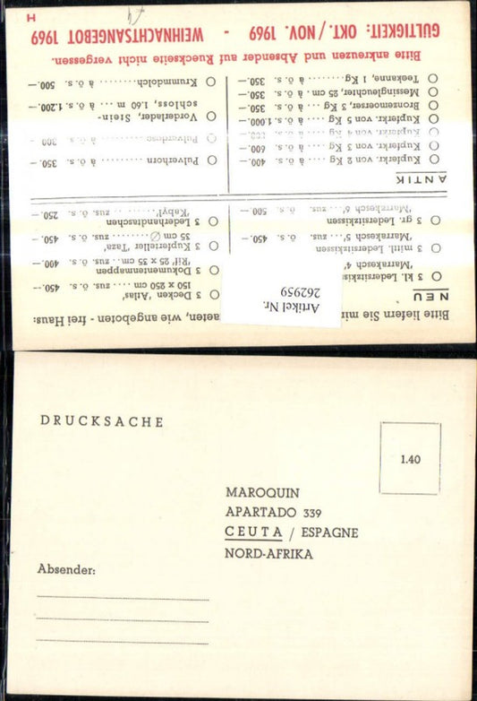 262959,Reklame Maroquin Ceuta Nordafrika Marokkanische Handarbeit Weihnachtsangebot 1969
