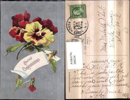 260234,Präge Schiller AK Heartiest Congratulations Glückwunsch Blumen Stiefmütterchen