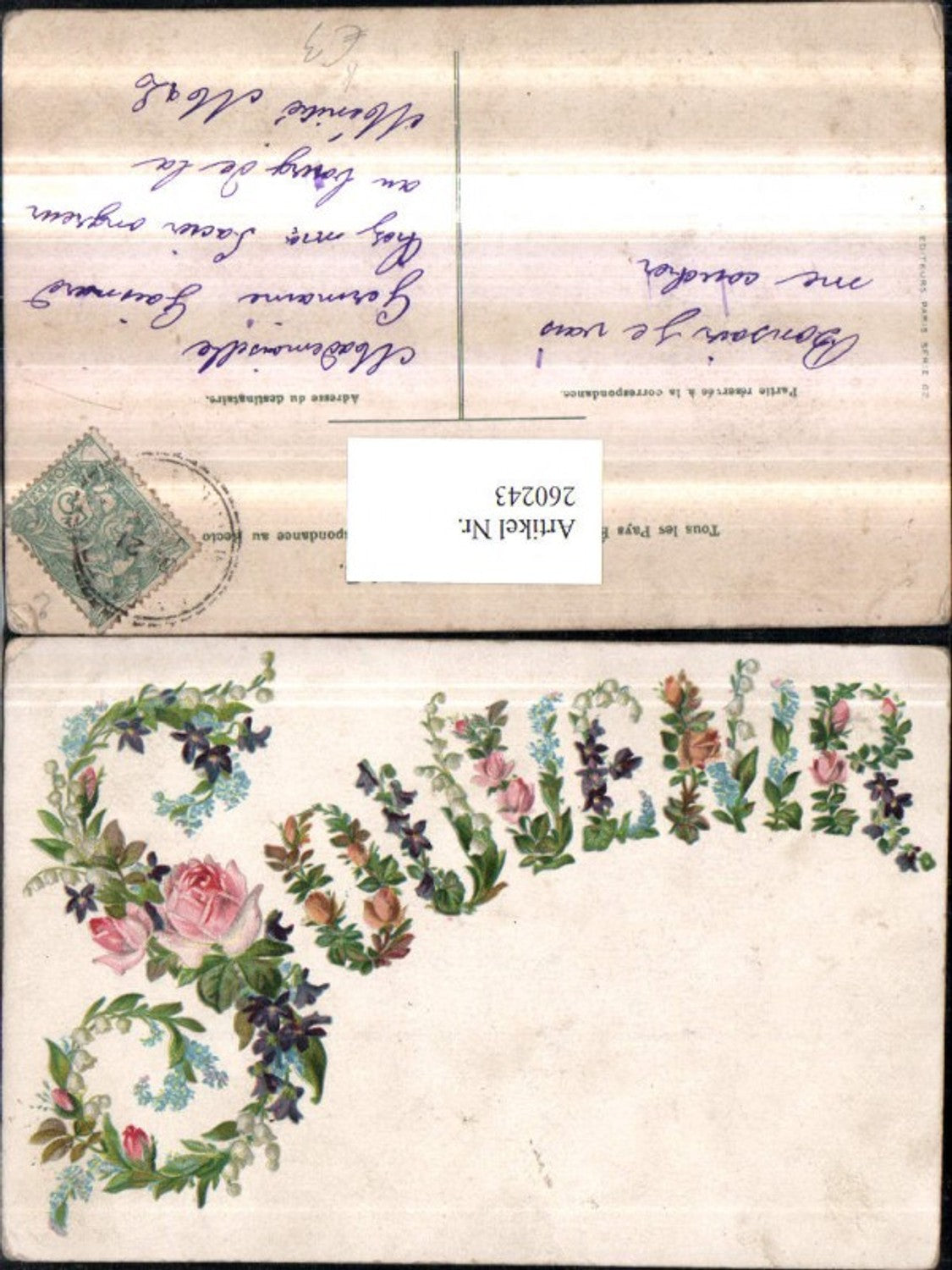 260243, Artist AK Souvenir Writing Flowers Roses Violets