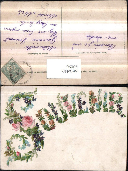 260243, Artist AK Souvenir Writing Flowers Roses Violets