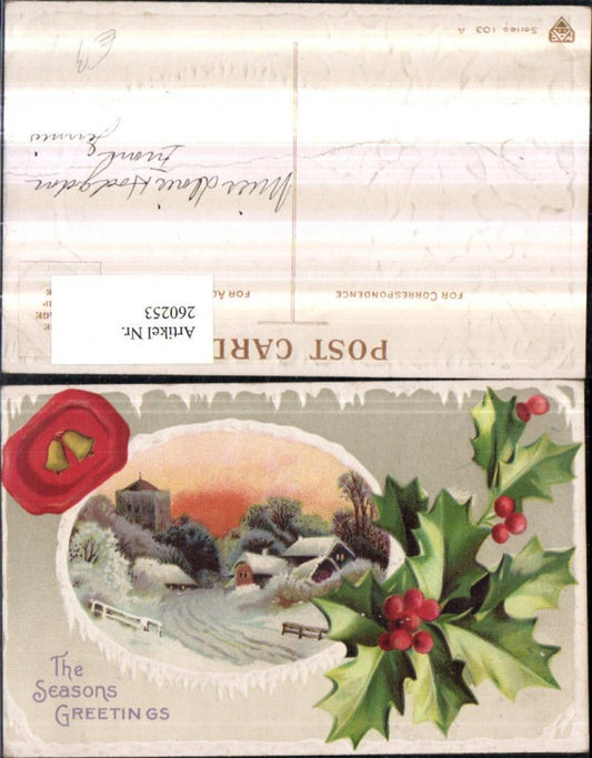 260253, embossed postcard The Seasons Greetings landscape winter scene passe-partout holly seal bells
