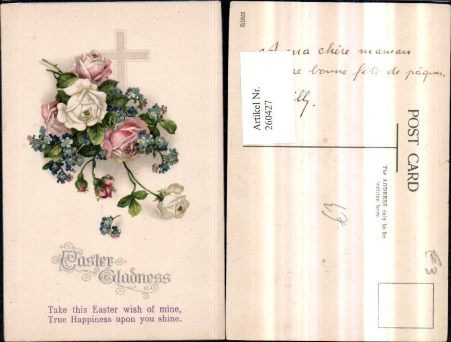 260427,Ostern Blumenstrauß Blumen Rosen Vergissmeinnicht Kreuz Spruch Text