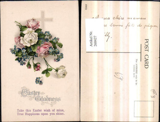260427,Ostern Blumenstrauß Blumen Rosen Vergissmeinnicht Kreuz Spruch Text