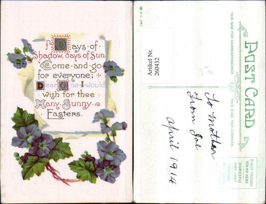 260432,Präge Litho AK Ostern Blumen Veilchen Papierrolle Spruch Text
