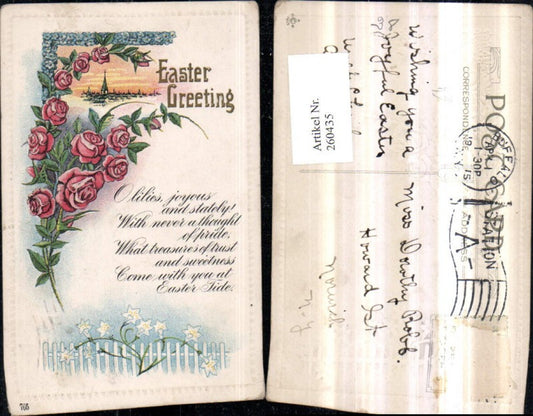 260435,Präge AK Ostern Stadt Dorf Totale Passepartout Rosen Blumen Spruch Text