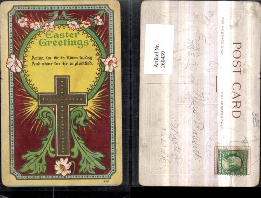 260439,Präge AK Ostern Kreuz Blumen Spruch Text