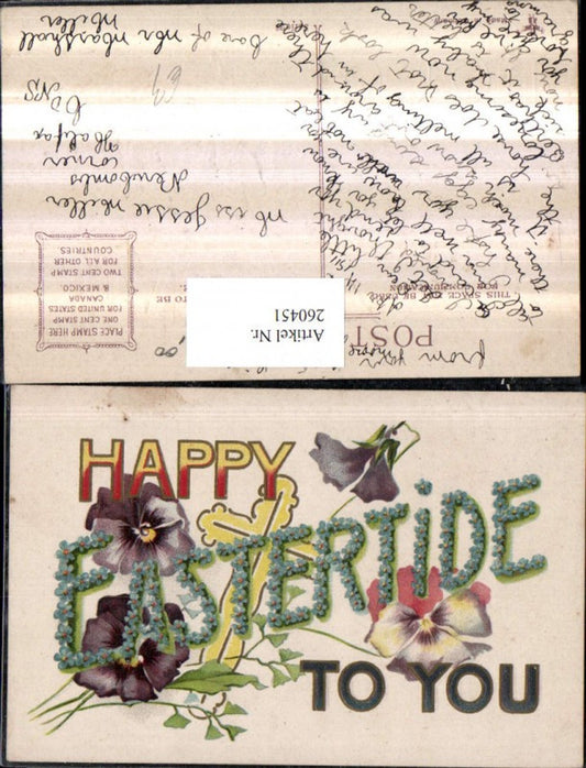 260451,Präge AK Ostern Schrift Blumen Vergissmeinnicht Stiefmütterchen Kreuz