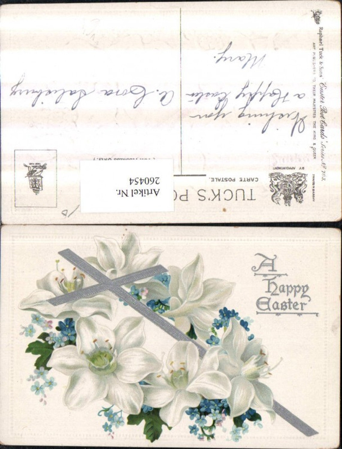 260454,Präge AK Ostern Blumen Lilien Vergissmeinnicht Kreuz pub Raphael Tuck u. Sons 703