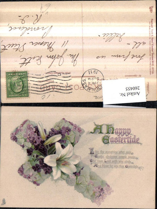 260455,Präge AK Ostern Kreuz aus Blumen Veilchen Lilie Spruch Text pub Raphael Tuck u. Sons 3719