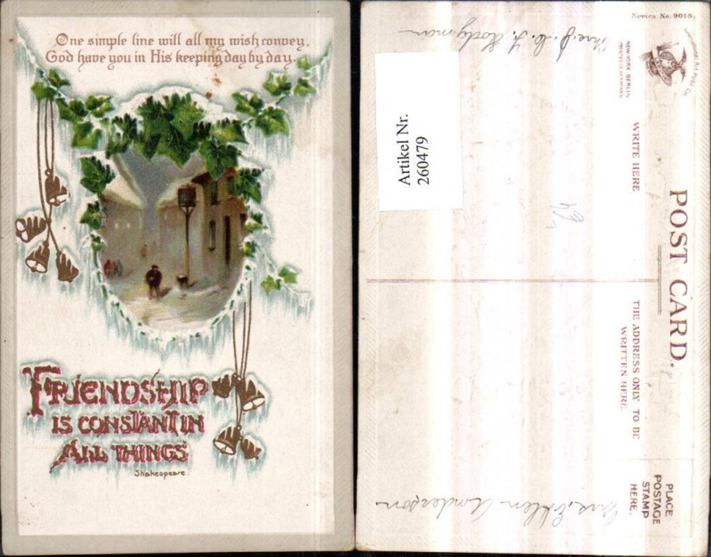 260479, Embossed Lithograph AK Friendship Village View Lantern Passepartout Ivy Bells Saying Text