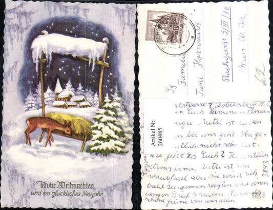 260485, Artist AK Christmas New Year Winter Village Fawn Deer Feeding Station