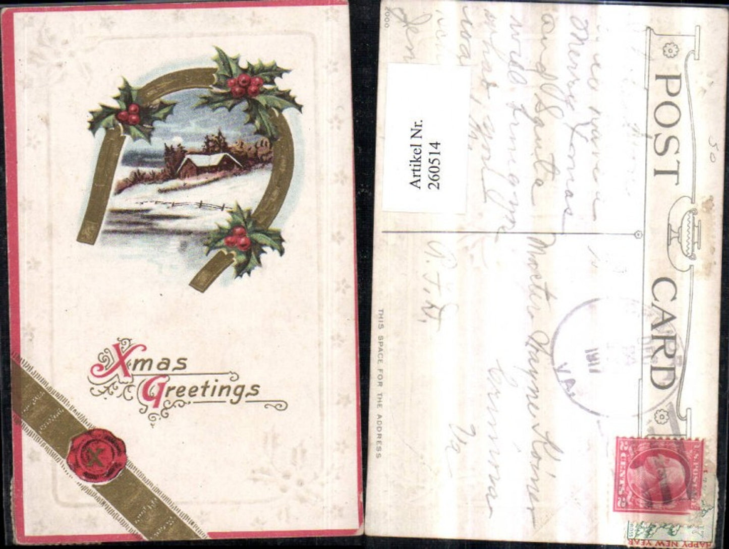 260514, embossed postcard Christmas winter landscape horseshoe holly seal